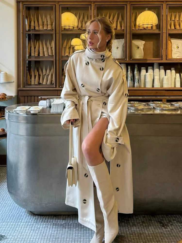 Women Solid Stand Collar Long Trench Coat Casual Double Breasted Full Sleeve Loose Windbreaker 2025 Lady Daily Commute OuterwearT251216