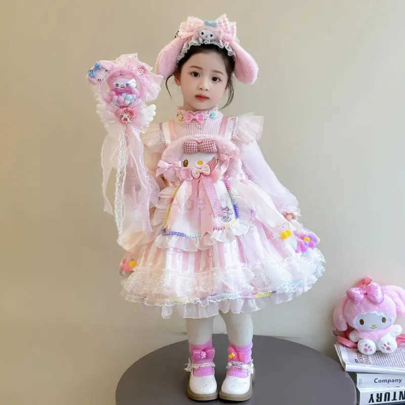 Sanrio My Melody Autumn Cartoon Girl Lolita Princess Dress Sweet Cute Comfortable Keep Warm Sweater Puff Skirt Mesh Dress Birthday Gift H251216