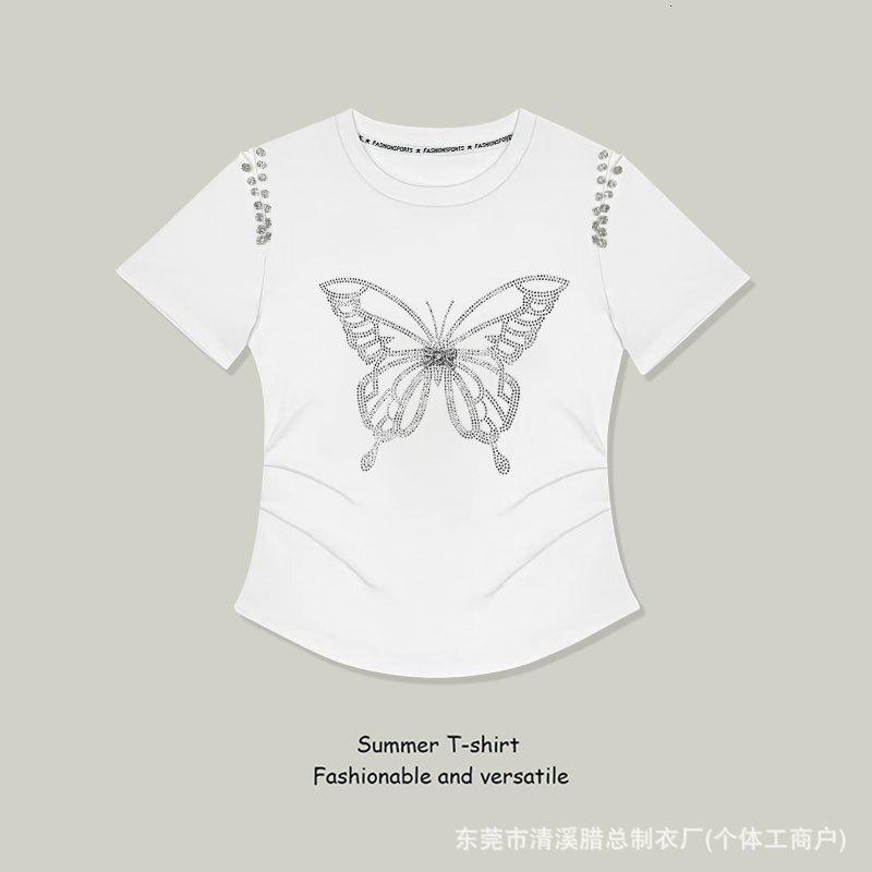 Designer Luxury Factory Direct Supply High Rate 100% Cotton Summer Round Neck Butterfly Rhinestone Short Sleeve T-shirt Women's Fashion Top Women