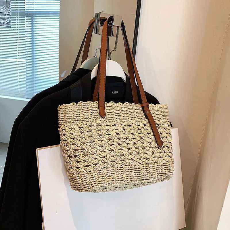 Solid Color Large Capacity Womens Beach Vacation Bag Top Handle Grass Woven Tote Bag Summer Basket Handbag M251216