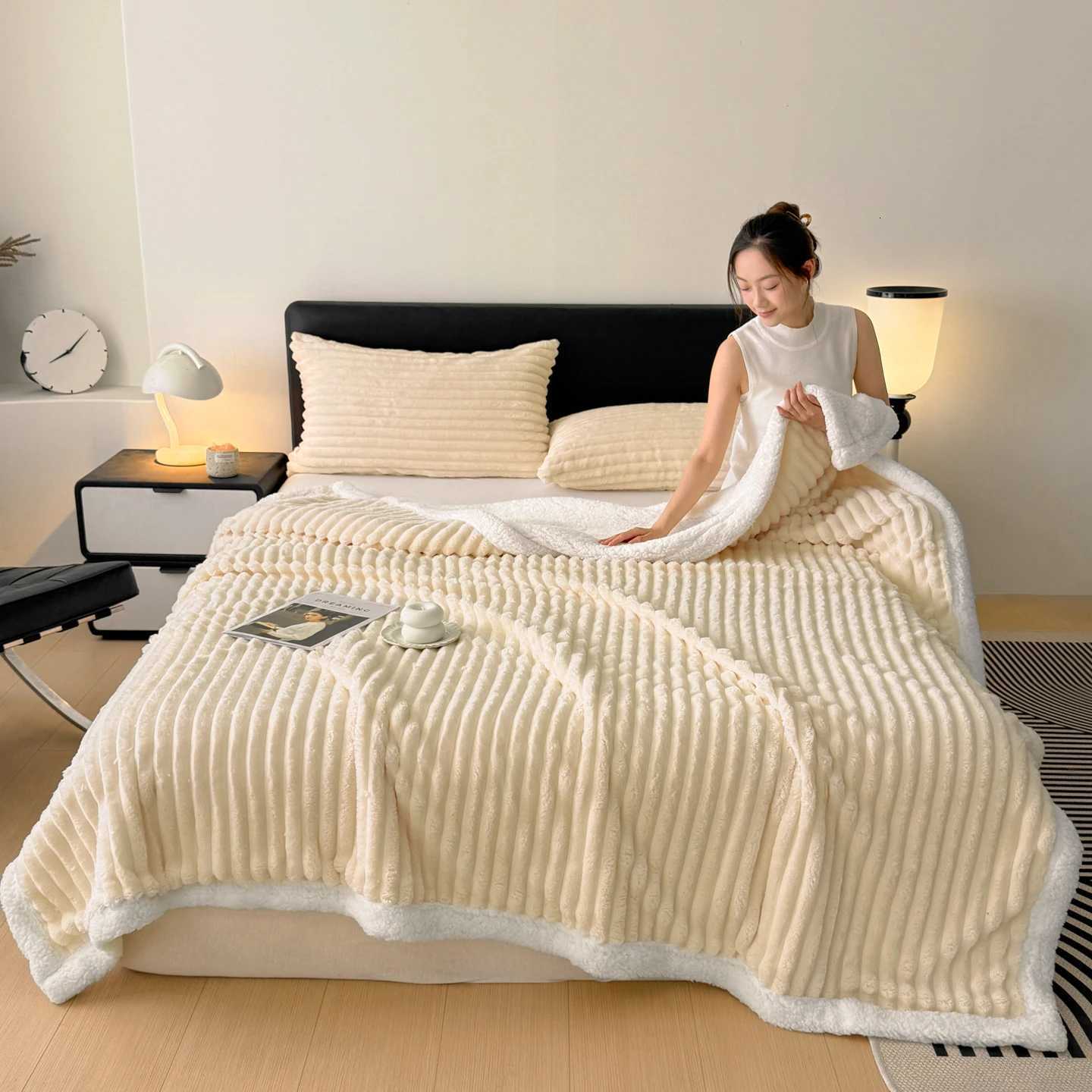Cozy Fluffy Coral Fleece Blanket Thick Warm Striped Winter Duvets Soft Plush Sofa Throw Blanket Queen Bedroom Bedspread for Home H251216 - view 4