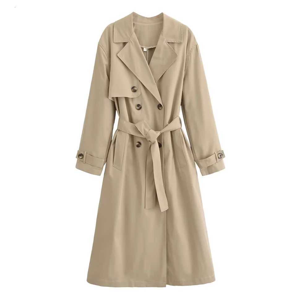 PBZA2024 autumn new womens clothing fashion temperament slim fit belt long lapel long sleeved casual trench coat jacketT251216