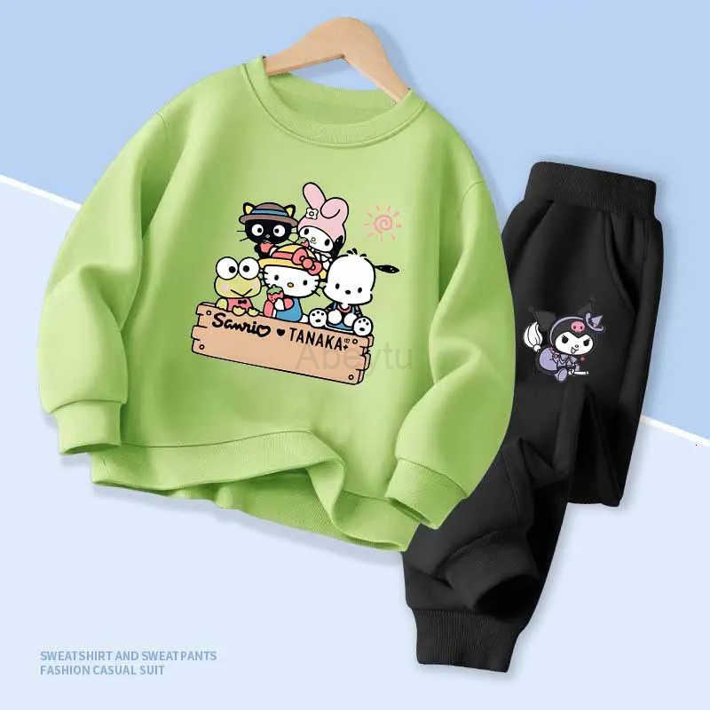 Sanrio Spring Autumn Childrens Colthes Sets Cartoon Family Print Girls Pullover Tops and Pants 2pcs Breathable Thin Kids Clothes H251216