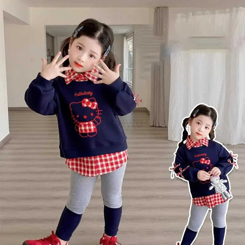 Sanrio Hello Kitty Pullover Pants 2-Piece Set Girl Spring Autumn Tops Leggings Child Kawaii Cartoon Fashion New Casual Clothing H251216