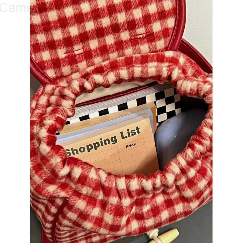 Sanrio Hello Kitty Lovely Atmosphere Red Plaid Small Backpack Woolen Large Capacity Travel Fresh Sweet Girlish Light Backpack H251216