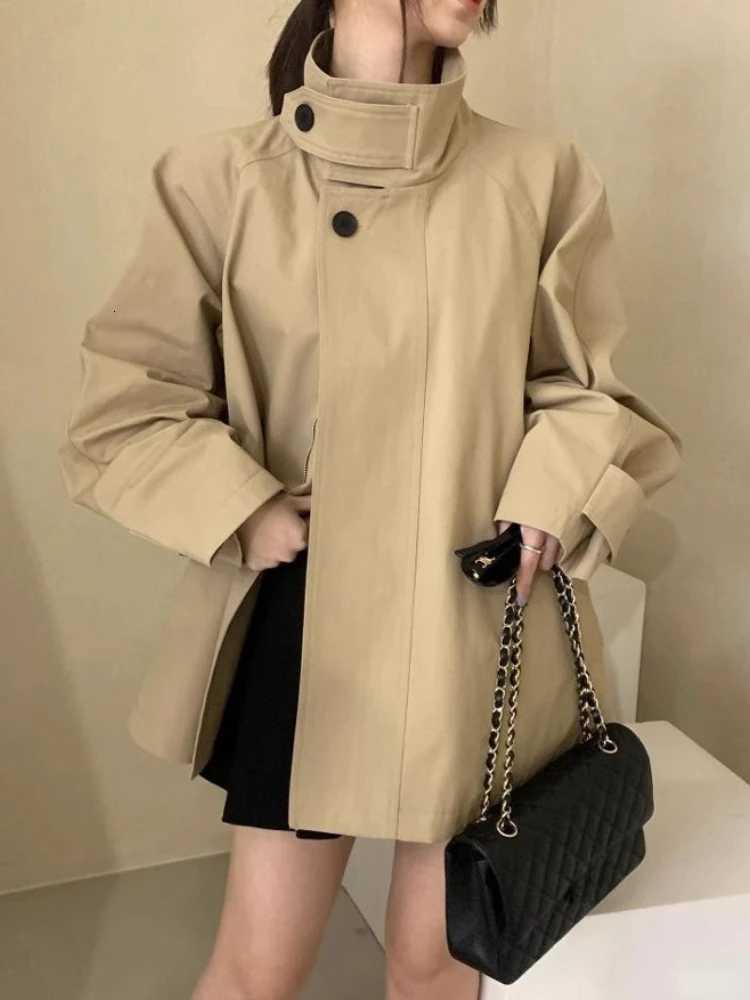 Korean Style 2025 New in Autumn and Winter Fashionable Khaki Color Stand Collar Dress Coat for Women with Stylish Flared HemT251216