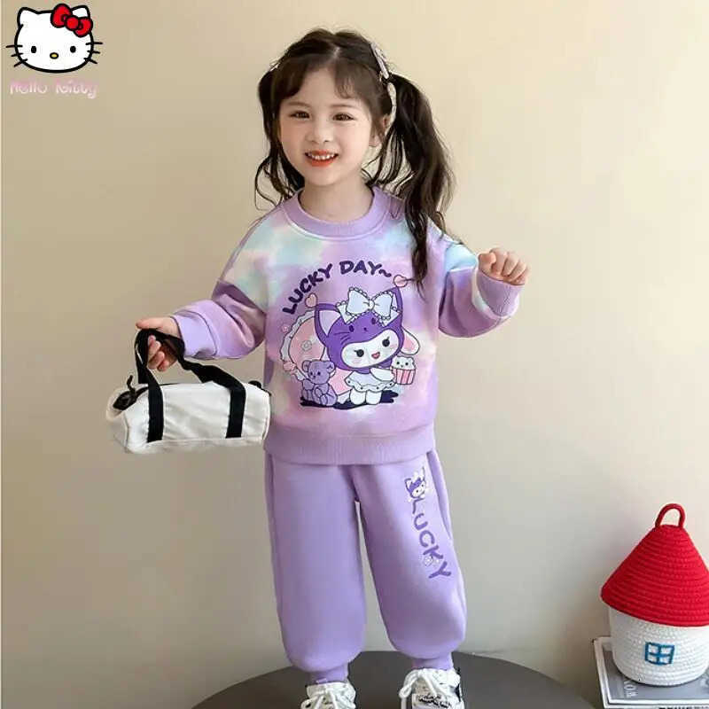 Sanrio 2Pcs Anime Girls Pullover Spring Autumn New Kuromi Kawaii Cartoon Child Long Sleeved Sweet Fashion Sweatshirt Sweatpants H251216