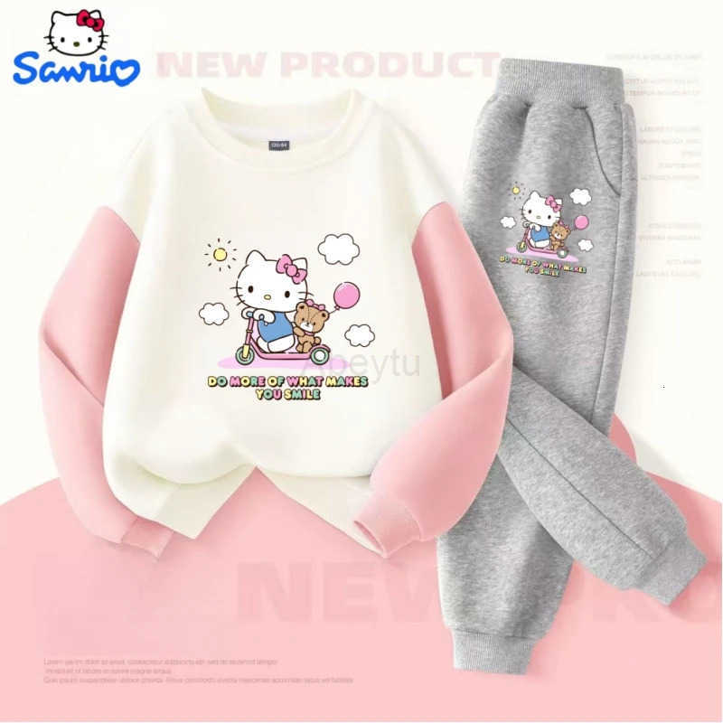 Sanrio Autumn Baby Girls Clothes Set Kid Hello Kitty Printed Sweatshirts Pullover Top Pants 2pcs Children Patchwork Tracksuit H251216