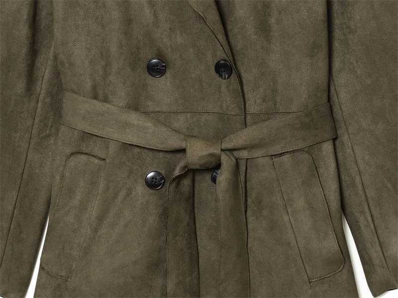 Womens Trench Coat 2025 Autumn New Style Military Green Long Sleeve Suede Effect with Belted Decoration Long Coat StylishT251216