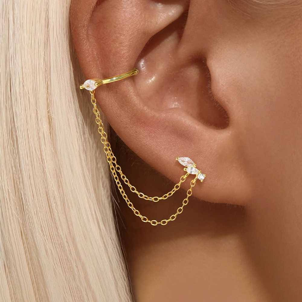 1PC Stainless Steel Chain Tassel Zircon Drop Earrings For Women 14K Gold Plated Geometric Ear Clip Earrings Wedding Jewelry G251216