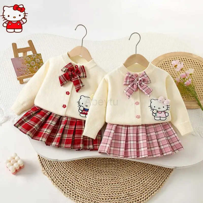 Sanrio Anime Hello Kitty Girls Autumn Knitted Coat Set College Style Jk Cardigan Jacket And Pleated Skirt Two-Piece Set for Children H251216