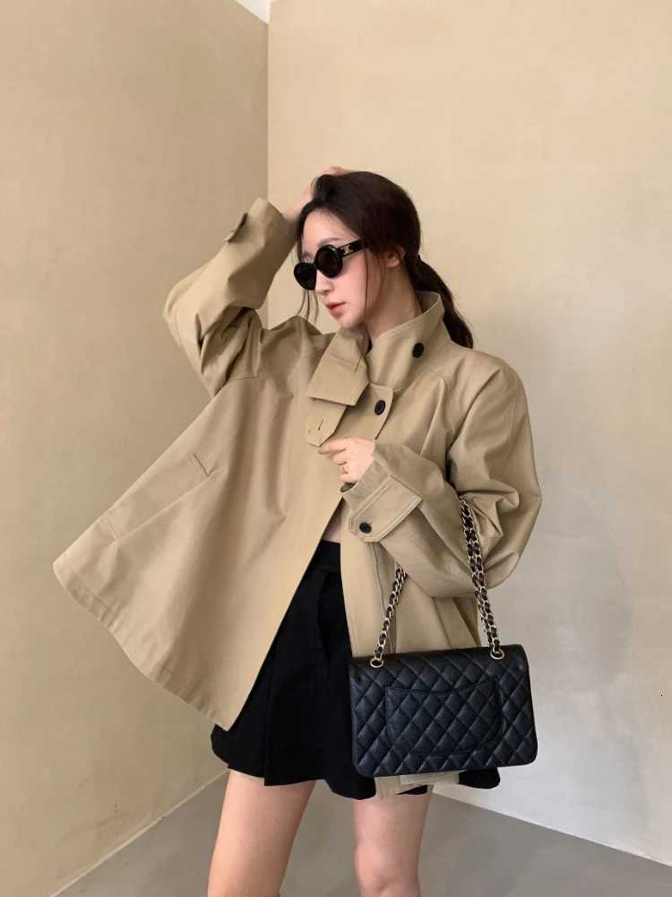 Korean Style 2025 New in Autumn and Winter Fashionable Khaki Color Stand Collar Dress Coat for Women with Stylish Flared HemT251216