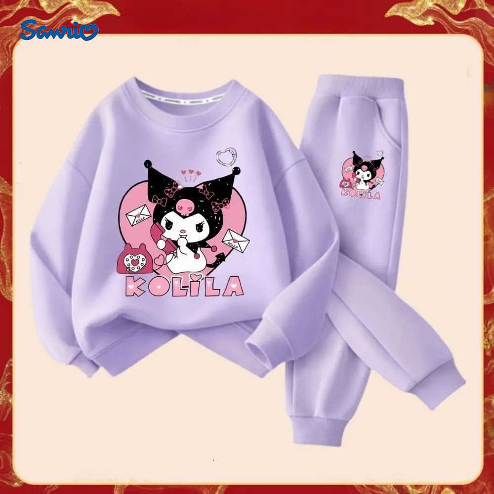 Sanrio Spring Autumn Childrens Clothes Sets Kids Cartoon Kuromi Sweater Pullover Tops Pants 2Pcs Letter Outfit Tracksuit H251216