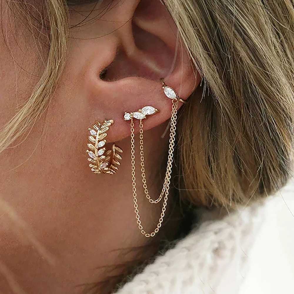 1PC Stainless Steel Chain Tassel Zircon Drop Earrings For Women 14K Gold Plated Geometric Ear Clip Earrings Wedding Jewelry G251216