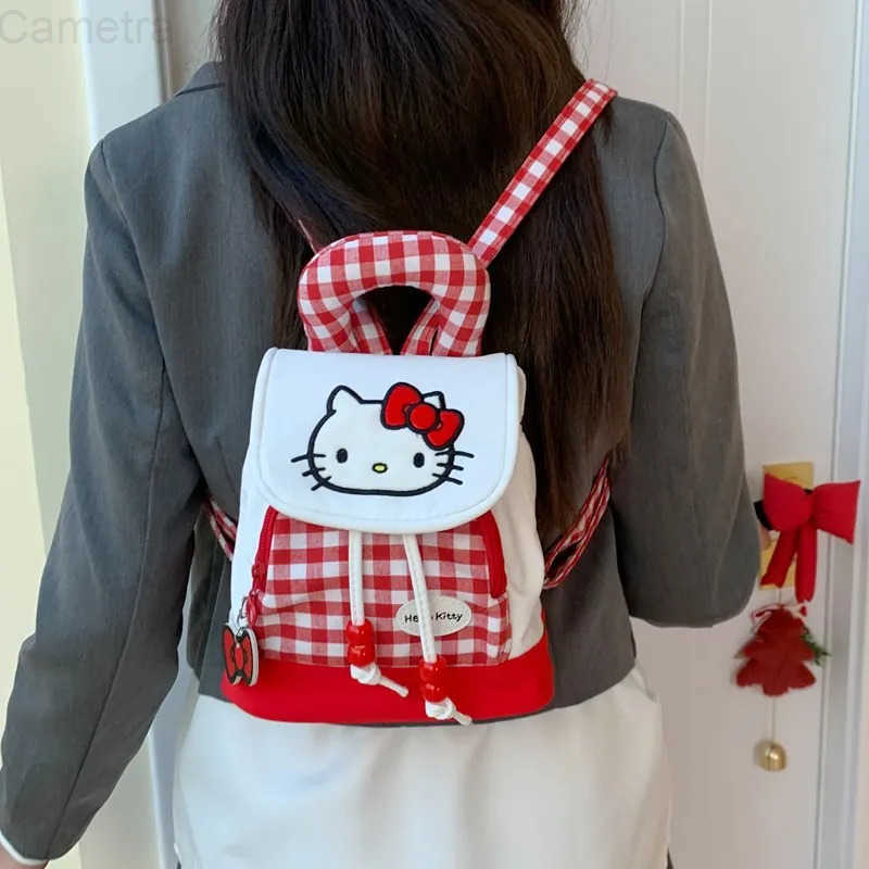 Sanrio New Cute Red Plaid Hello Kitty Backpack Cartoon Cute Kitty Cat Drawstring Storage Mini Girl Heart Backpack Handbag H251216