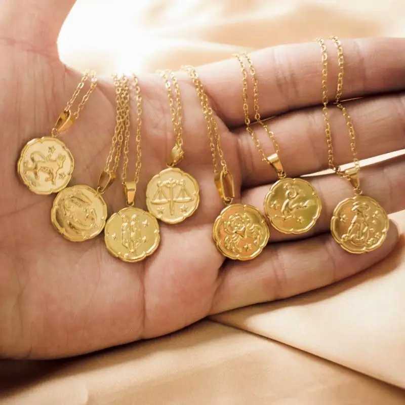 12 Constellation Flower Shape Design Pendant Necklace Stainless Steel Gold Plated Necklace M251216