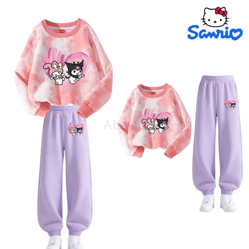 Sanrio Baby Girl Clothes Set Autumn Kid Hello Kitty Printed Sweatshirts Pullover Tie Dye TopPants 2pcs Suit Children Tracksuits H251216