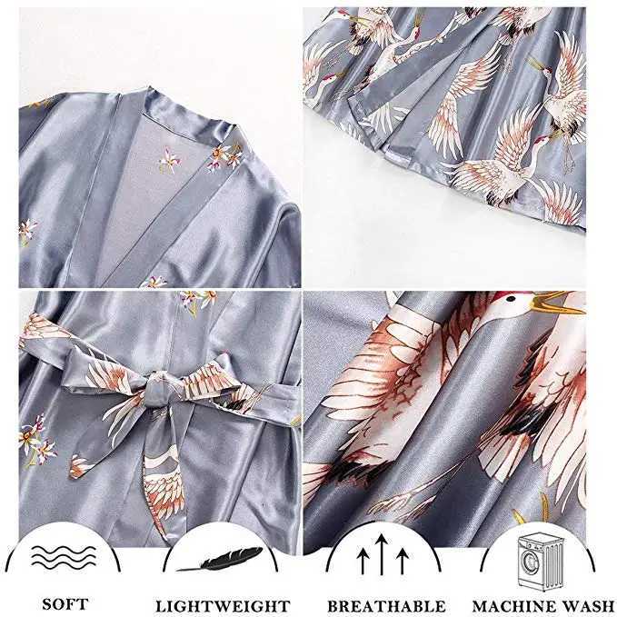 Gray satin Long Bathrobe Women Wedding Bride Bridesmaid Robe Nightgown Sleepwear Print Crane Kimono Size S M L XL XXL XXXL C251216