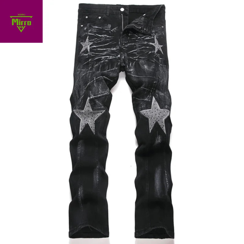 MirrordustDiamond Star Patchwork Jeans Men Fashion Black Straight Slim Denim Pants Rhinestone Splicing Jeans Trousers for Male 230922