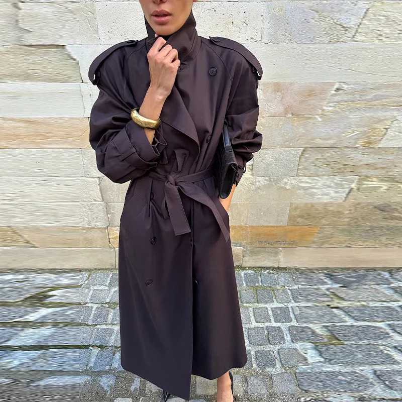 Vintage Brown Lapel Long Trench Coat Fashion Long Sleeve Single Breasted Lace Up Windbreaker 2025 Autumn Lady Commuter OutwearT251216