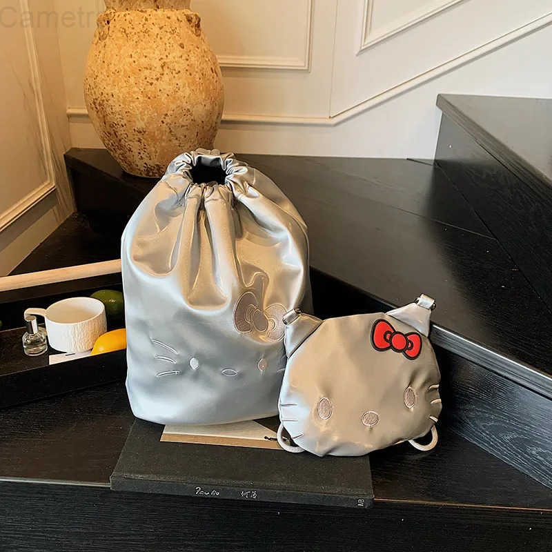 Sanrio Backpack Velvet Bucket Bag Cute Hello Kittys New Kawaii Cartoon Nylon All-Match Large Capacity Packet Bags for Woman H251216