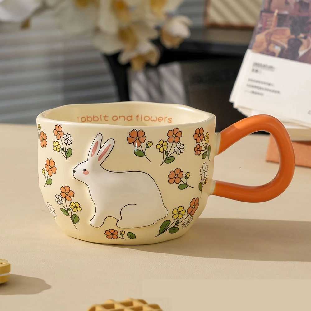 Rabbit Ceramic g Floral Pattern Milk Cup Colorf Drinkware Cute Design Embossed Design Teacup For He Tableware H251215