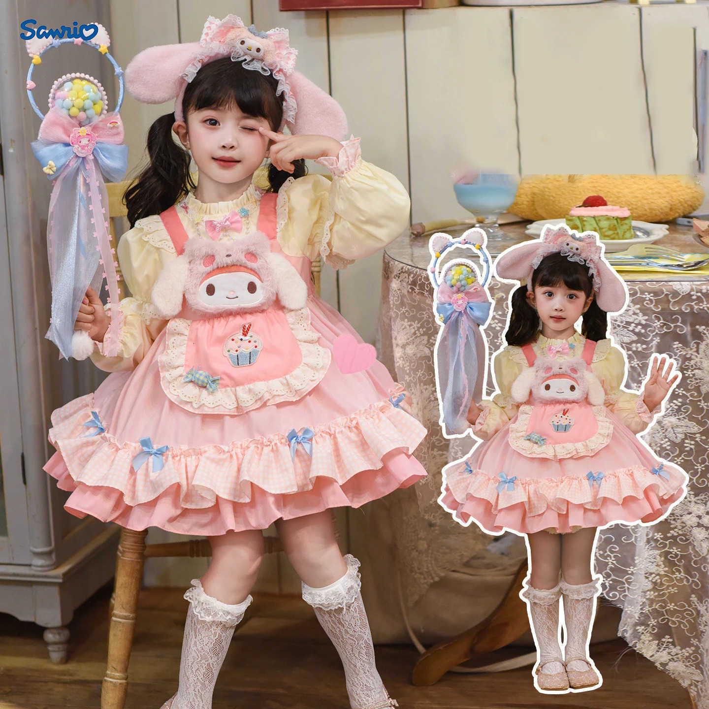 Sanrio Anime My Melody Girls Lolita Princess Dress Lace Party Dress for Kids Bow Decoration Ruffled Tutu Skirt Princess Costume Gift H251216