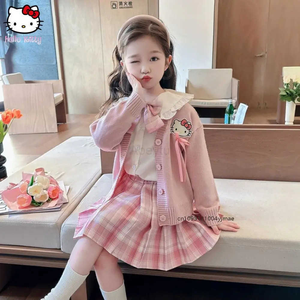 Sanrio 3Pcs Girls Jk Pleated Skirt Set Cardiganr Sweater Shirt Tie Uniform Hello Kitty Kuromi Sanrios Kids Fashion Autumn College Set H251216