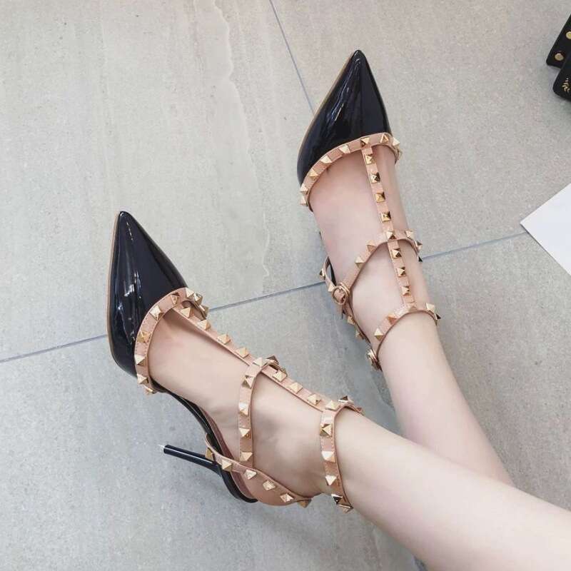 Studded High Heels Thin Heel Single Shoes Versatile 2023 Summer Sexy Pointed Toe T-Strap Backless Rivet Sandals Women