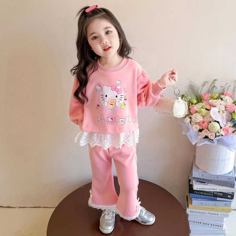 Sanrio Autumn Baby Girl Clothes Set Kid Hello Kitty Printed Sweatshirts Pullover TopPants 2pcs Suit Children Sweet Tracksuits Outfits H251216