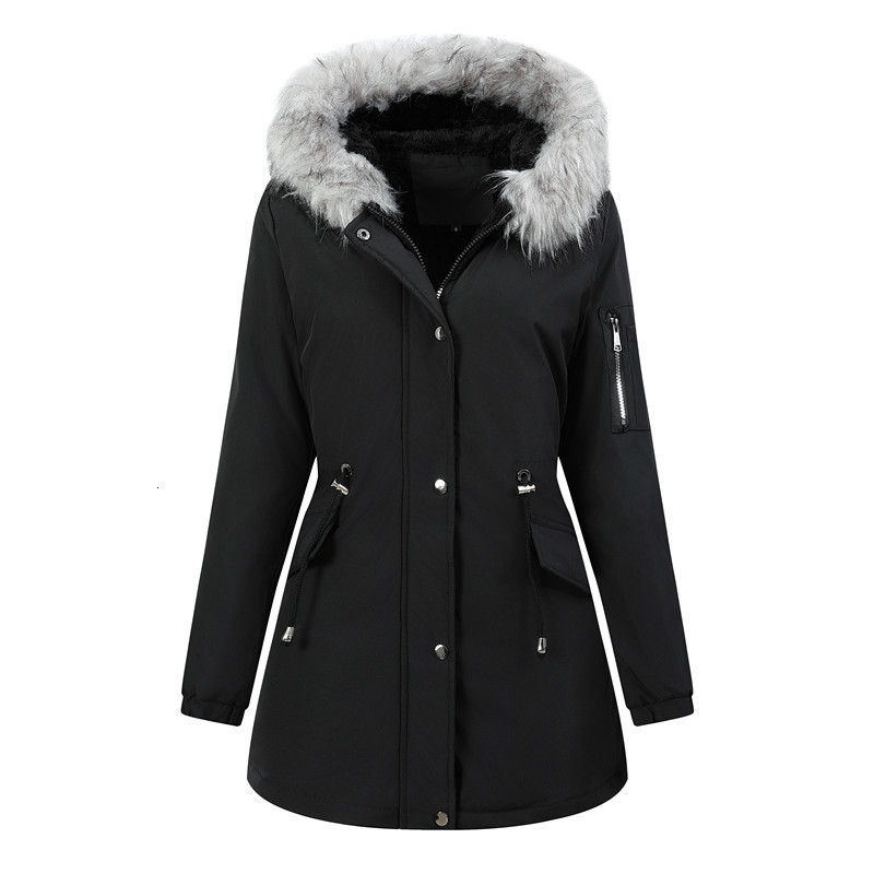 Womens MidLength Hooded Parka Winter Warm WaistCinching FleeceLined Thickened Coat with Fur Collar 241008
