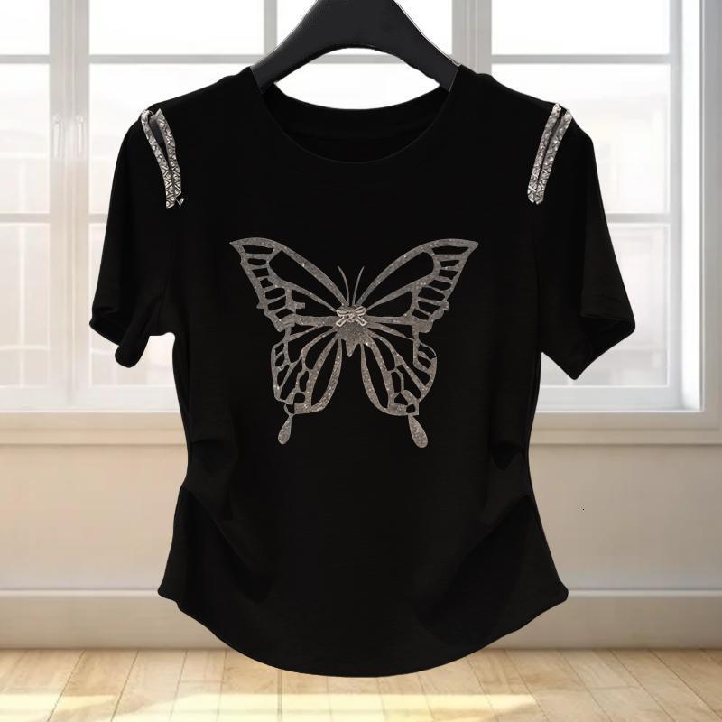 Designer Luxury Factory Direct Supply High Rate 100% Cotton Summer Round Neck Butterfly Rhinestone Short Sleeve T-shirt Women's Fashion Top Women