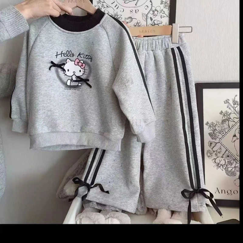 Sanrio Baby Girl Clothes Set Autumn Kid Hello Kitty Sweatshirts Pullover Bow Top Striped Pants 2pcs Suit Children Tracksuits Outfits H251216