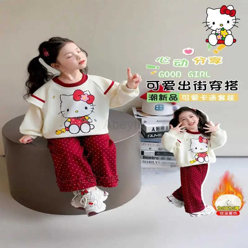 Sanrio Hello Kitty Girls Loungewear Set Kawaii Y2K Anime Childrens Clothing Clothes Autumn Winter Sweatsuit Kids Parka Snowsuit H251216