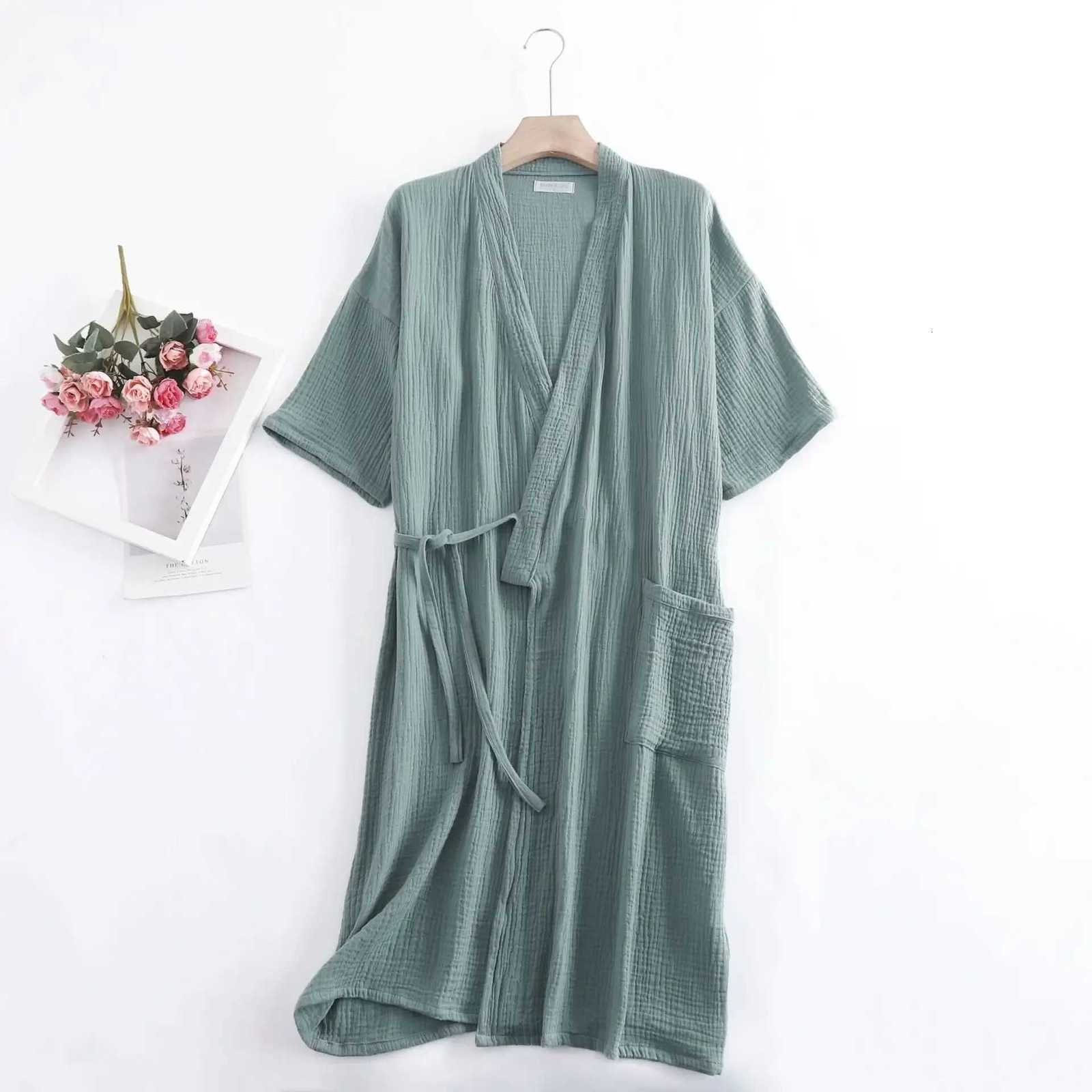 Summer 100 Cotton Gauze Crepe Short Sleeve Robes for Women and Men Solid Bathrobe Loose Soft Japanese-style Kimono Robe 2021 C251216