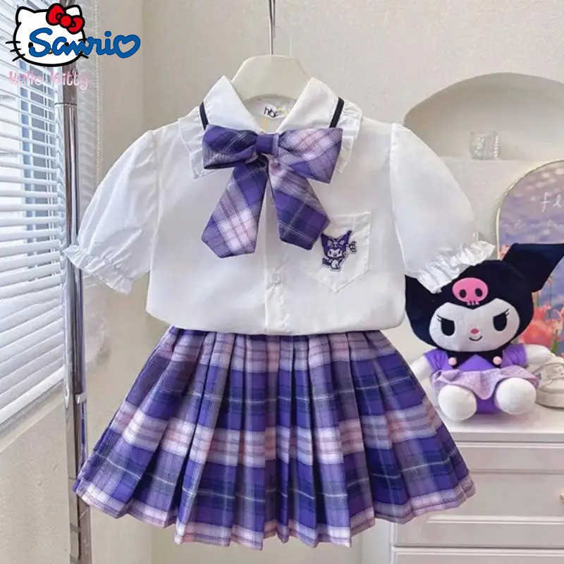 Sanrio Kuromi Melody Girl Kawaii Pleated Skirt Set Summer New Kids Cartoon Anime College Style Jk Uniform Sweet Princess Dress H251216