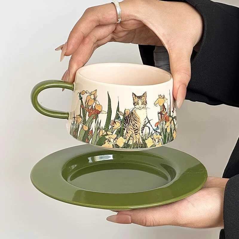 Cat Oil Painting Style Ceramic Cup Vintage Hand-painted Mocha Afternoon Tea Set Breakfast Oat Cup Heat-resistant Coffee Cups H251215