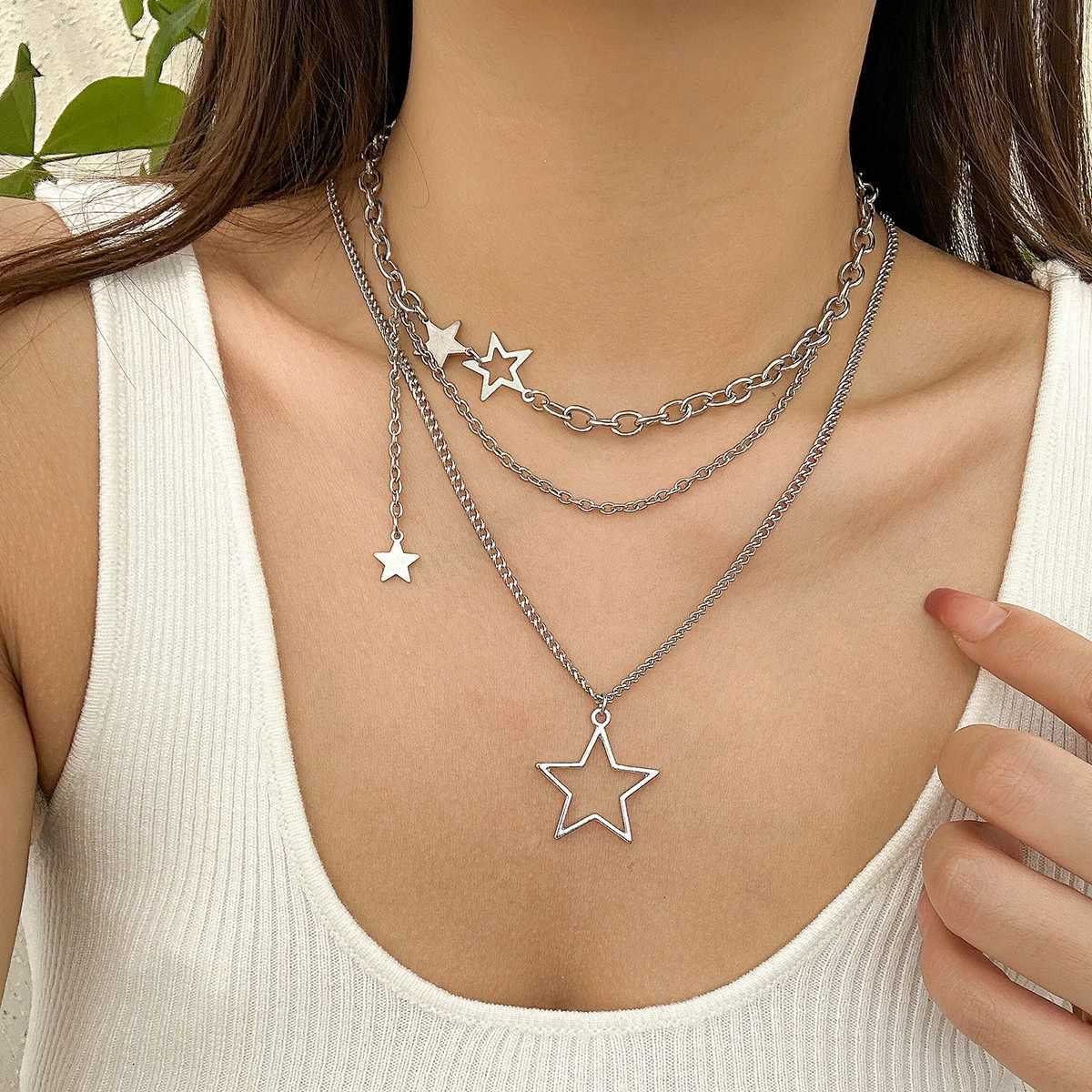 Salircon Trendy Y2K Star Pendant Necklace Simple Multi layered Metal Chain Necklace Womens Charm Statement Jewelry Gifts M251216