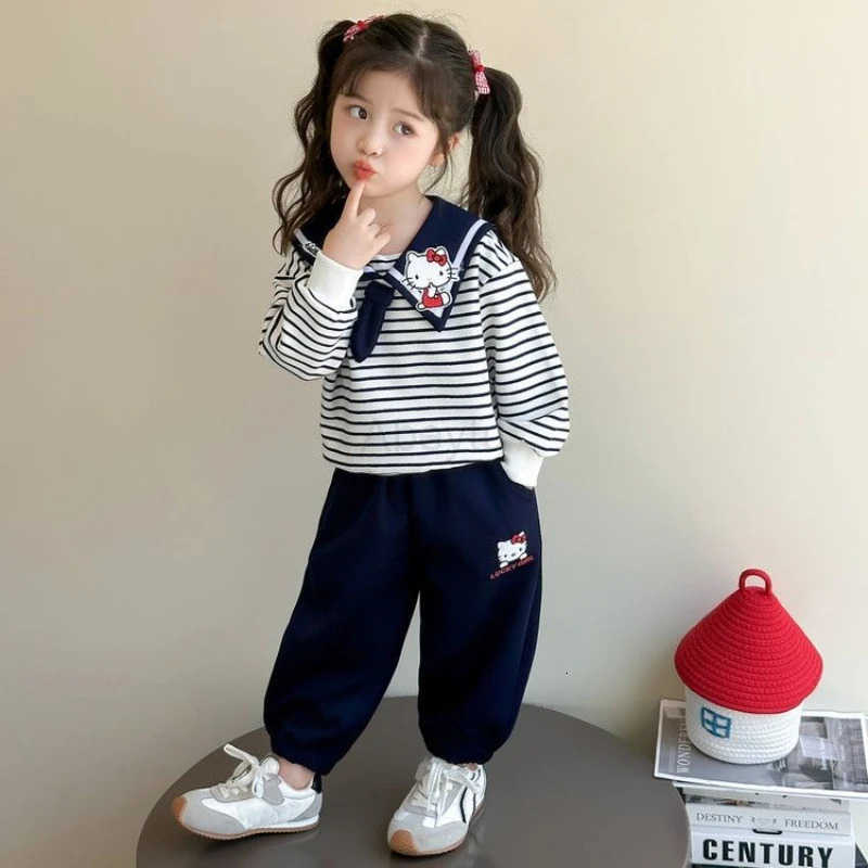 Sanrio Baby Girl Clothes Set Autumn Kid Hello Kitty Sweatshirts Pullover Striped TopPants 2pcs Suit Children Tracksuits Sweet Outfits H251216