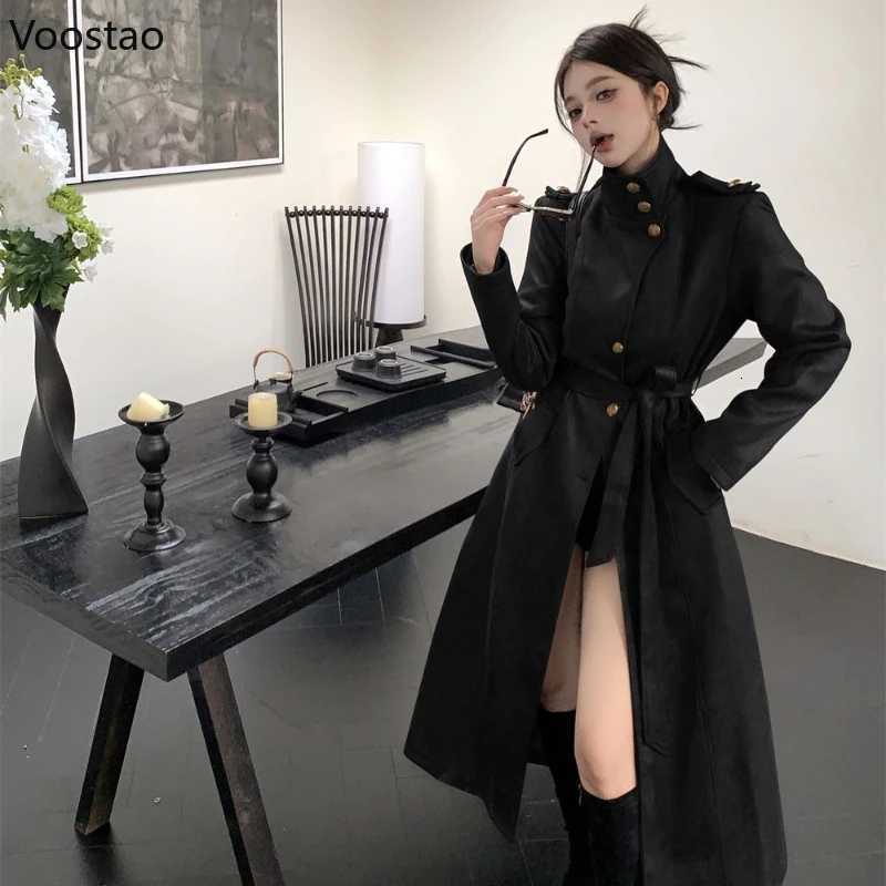 Korean Fashion Black PU Leather Trench Coat Women Casual Moto Biker Long Jackets Y2k Vintage Female Streetwear Autumn ClothesT251216