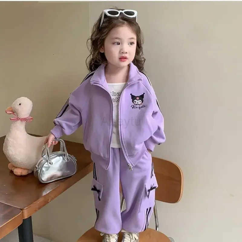 Sanrio Anime Cartoon Kawaii Girls Sweatshirt Suit Kuromi Spring and Autumn New Long Sleeve Trousers Solid Color Casual Cardigan H251216