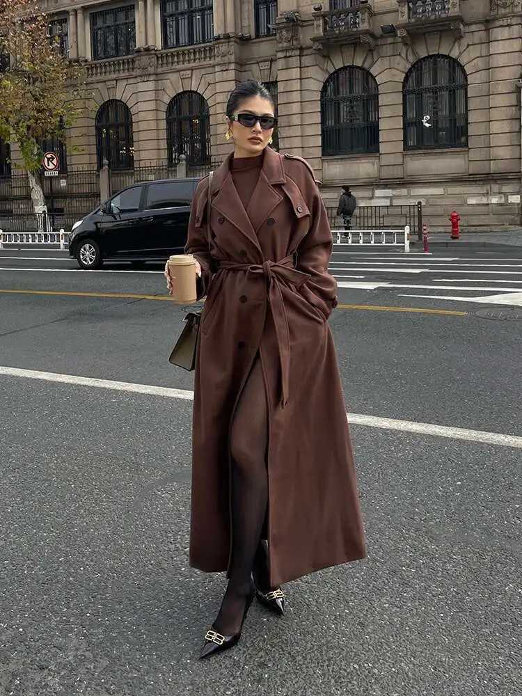 V-neck Double Breasted Temperament Windbreaker Woolen Coat Womens Winter New Loose Casual Long Coat Trench Brown Tops LS1XT251216