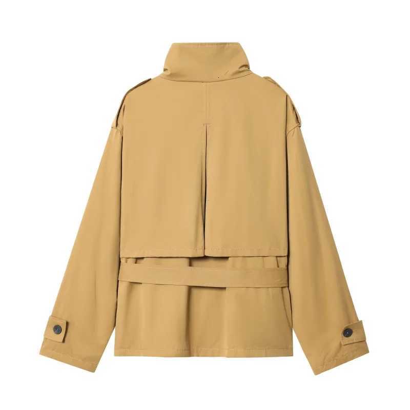 ETJ 2025 Fall New womens street fashion workwear style big pocket decoration high neck belt trench coatT251216