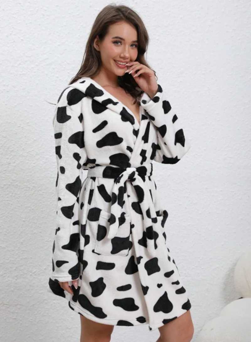 Cute Milk Cow Print Flannel Bathrobe For Women Long-Sleeve V-Neck Front-Belt Robe Soft Breathable Fit Sleeping And Lounging Pjs C251216
