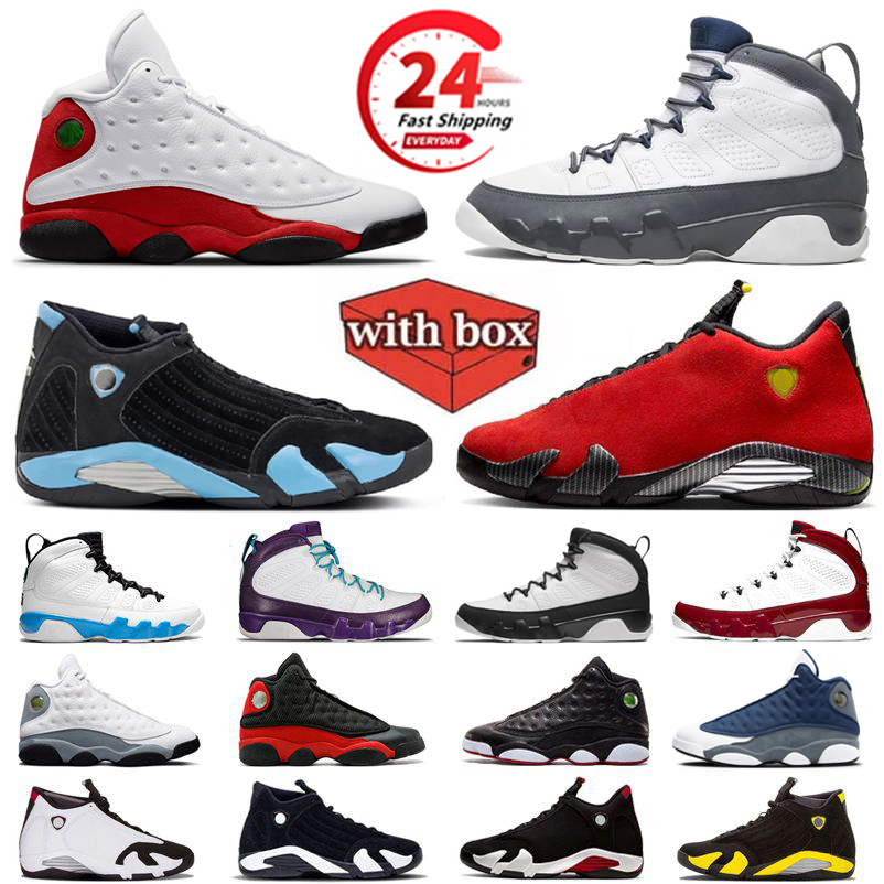 With Box 9s 13s 14s Designer 9 13 Mens Basketball Shoes Chicago 14 Flint Grey Black White Bred Gym Red Hyper Royal Pine Green Playoffs Powder Blue Men trainers Sneakers