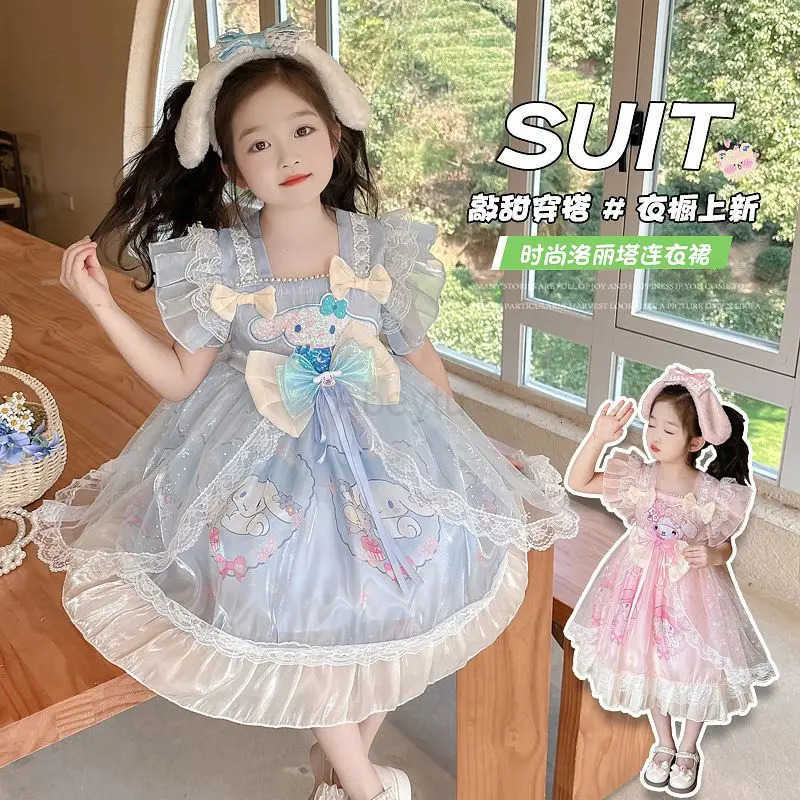 Sanrio Girl My Melody Princess Dress Kawaii Kids Lolita Cinnamoroll Yarn Skirt Children Clothing Ceremonial Dress Birthday Gift H251216