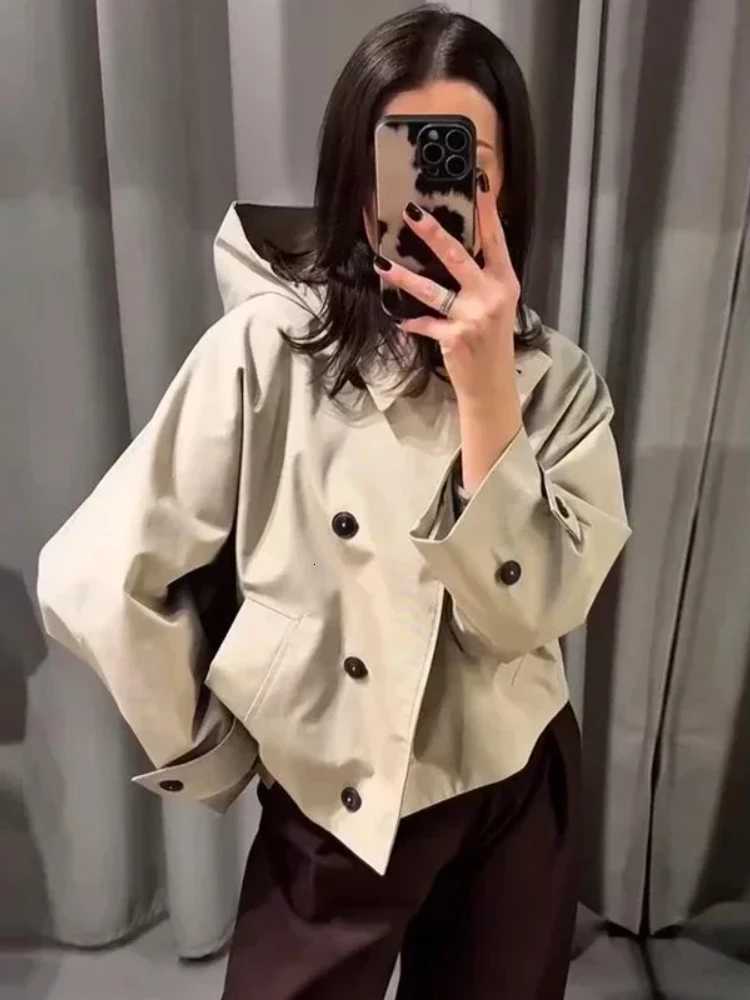 Women Casual Loose Solid Hooded trench coat 2025 Autumn Women Lapel Single Breasted Jacket Windbreaker Female OutwearT251216