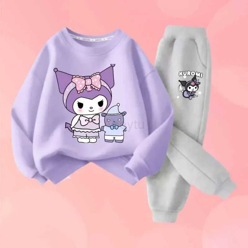 Sanrio Childrens Kuromi Print Spring Autumn Clothes Sets Kids Kawaii Sweatershirts Pullover Tops Pants 2Pcs Outfit Tracksuit H2512161