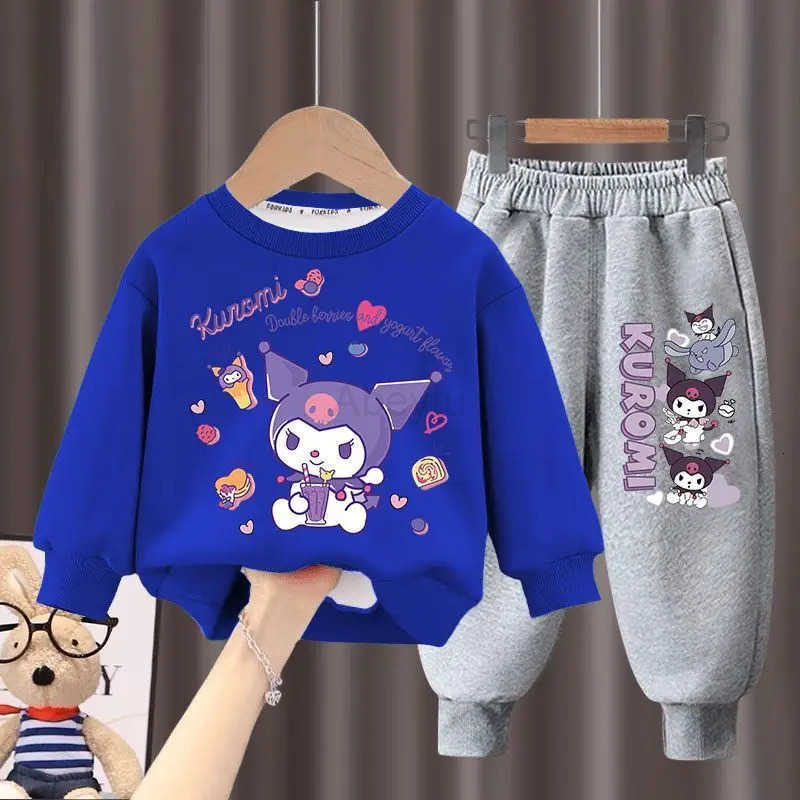 Sanrio Childrens Hoodies Sets 2025 Autumn New Long Sleeved Girls Sweatshirts Pants Two Piece Cute Kuromi Print Kids Tracksuits H251216