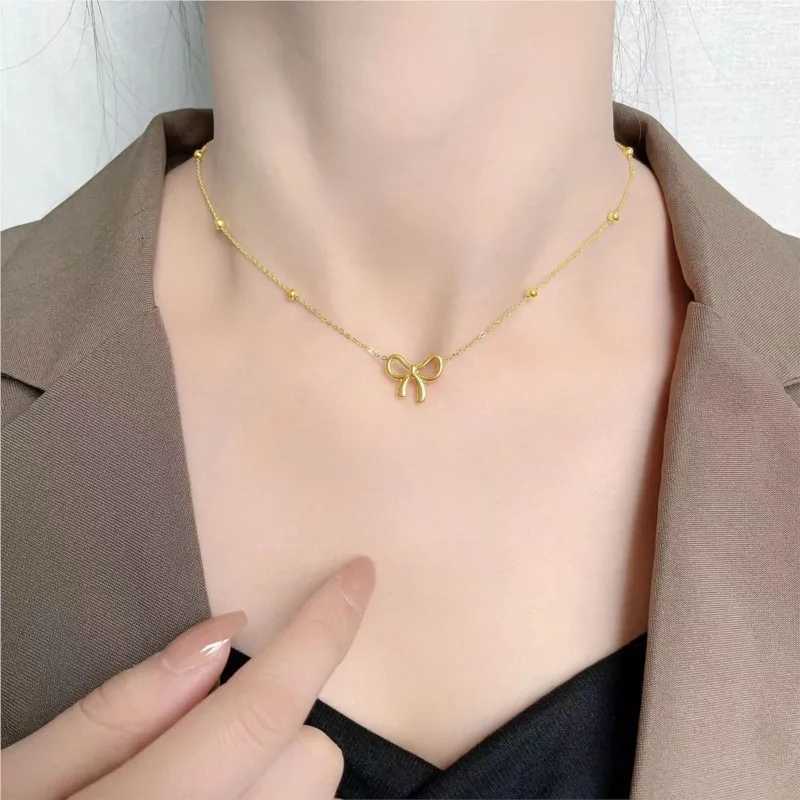 ANENJERY L316 Stainless Steel Beads Chain Hollow Bowknot Pendant Necklace for Women Niche Simple Jewery Accessory M251216